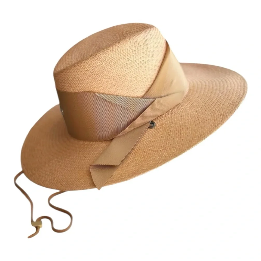 FREYA for VERONICA BEARD Field Gardenia Panama Hat in Tan Raffia Suede Strap New - Picture 3 of 11